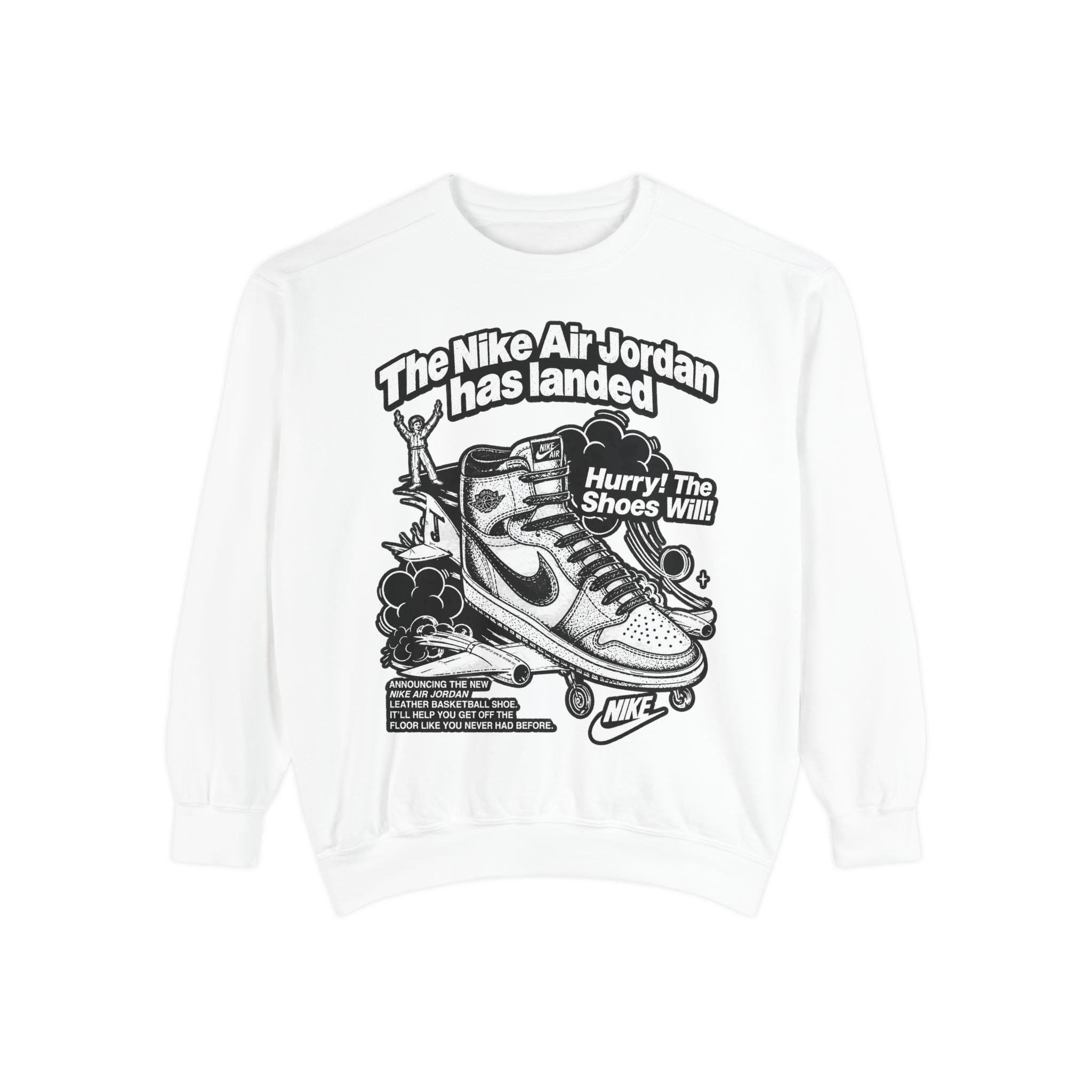 2733073787998492771_2048.jpeg Air Jordan Graphic Sweatshirt — "The Nike Air Jordan has landed" Retro Sneaker Crewneck - Image 1